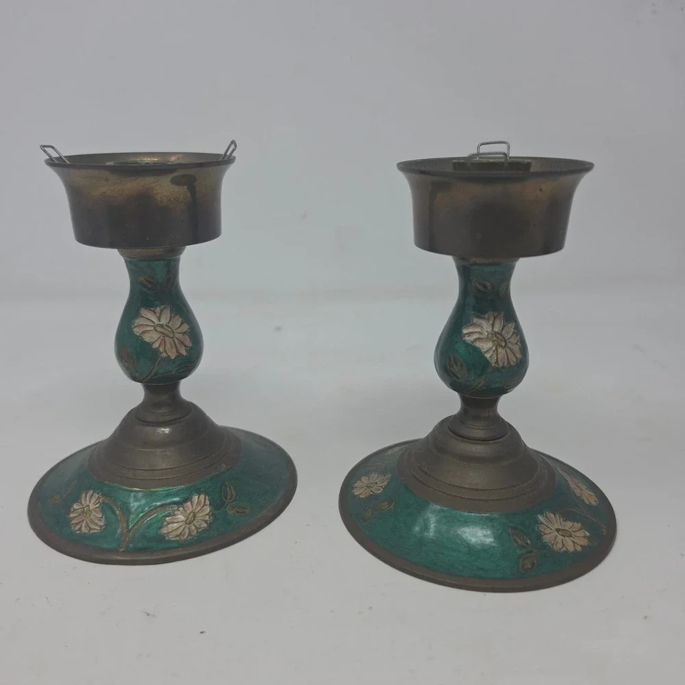 Vintage Brass Teal Green Enamel Candlestick Holders Set of 2 Pink Flowers. W